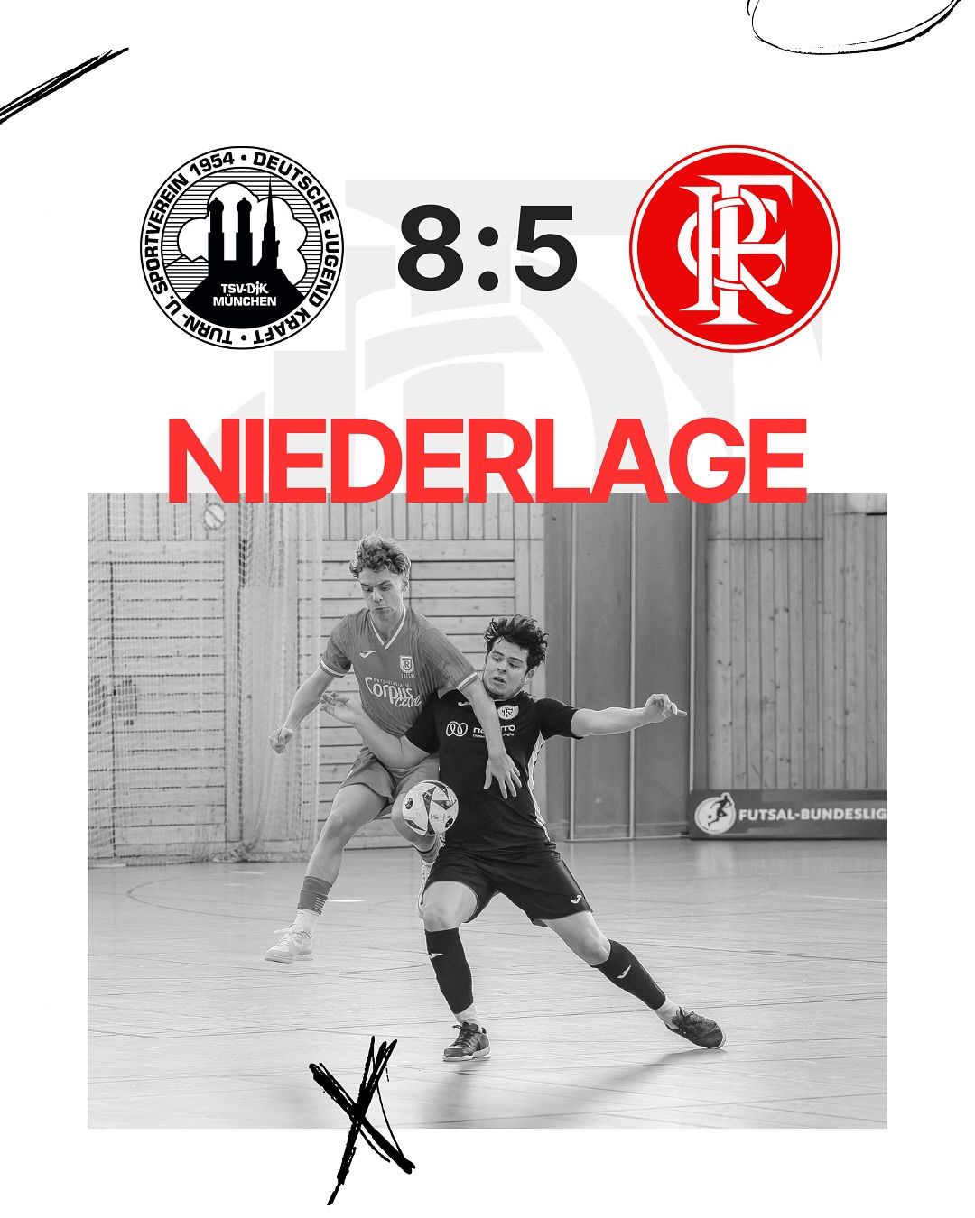 Es hat nicht gereicht, schade!

Beim Tabellenführer und jetzt auch sicheren Bayernliga Meister aus München müssen wir uns mit 8:5 geschlagen geben. Zunächst mal einen herzlichen Glückwunsch an die Futsaler vom DjK München 54.

Wir beenden unsere Saison damit auf Platz 3, da wäre mehr drin gewesen! Trotzdem haben wir auch dieses Jahr wieder viel gelernt und uns entwickelt. Wir sind heiß auf die nächste Saison.

#futsal #bayernliga #futsalclub #fcr #futsalgermany #futsalheritage #wirliebenfutsal #regensburg #matchday #futsallebt